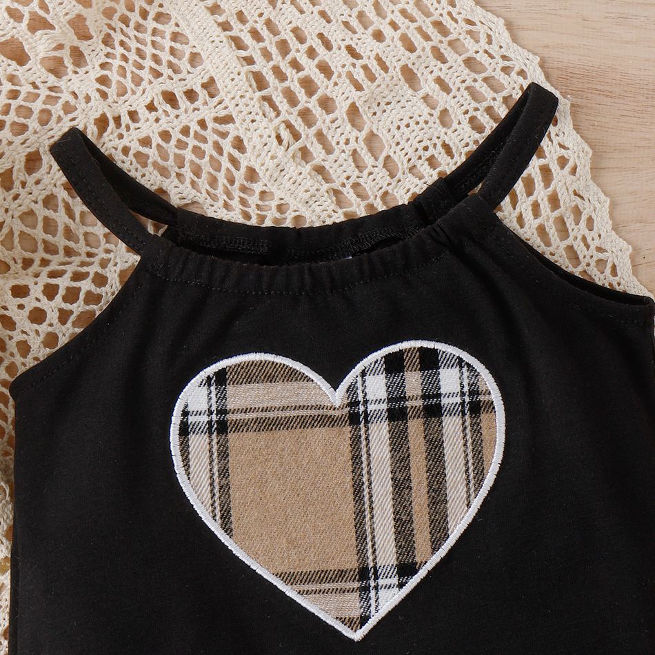 2pcs Baby Girl Heart Embroidered Cami Romper and Plaid Belted Shorts Set Black big image 3