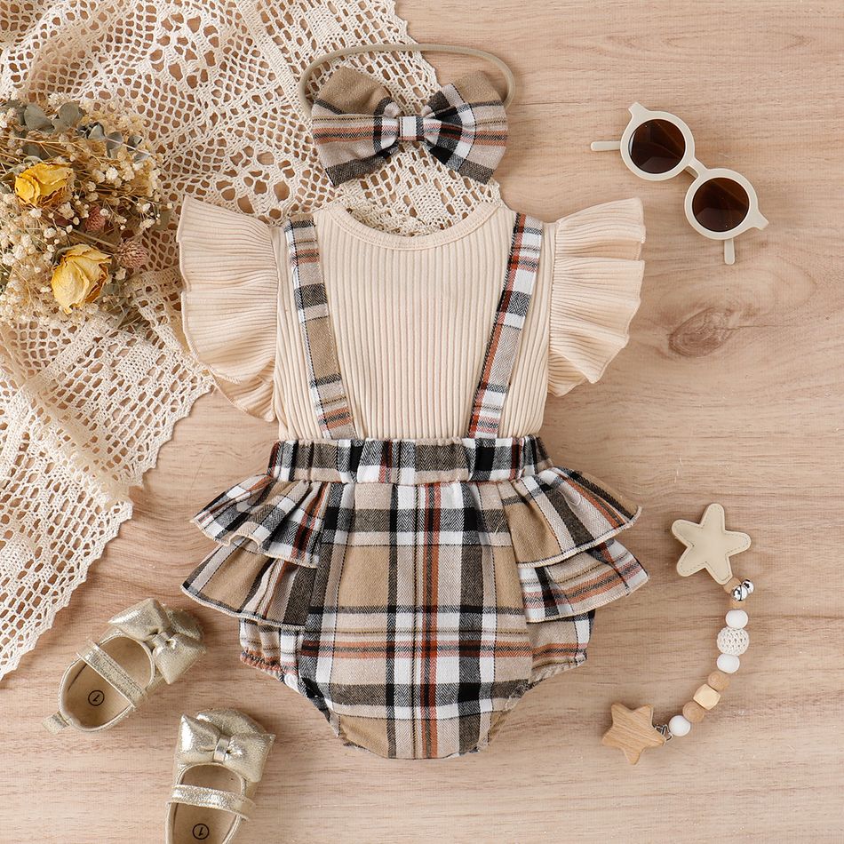 2pcs Baby Girl 95% Cotton Ribbed Ruffle-sleeve Bow Decor Spliced Plaid Romper & Headband Set Apricot big image 2
