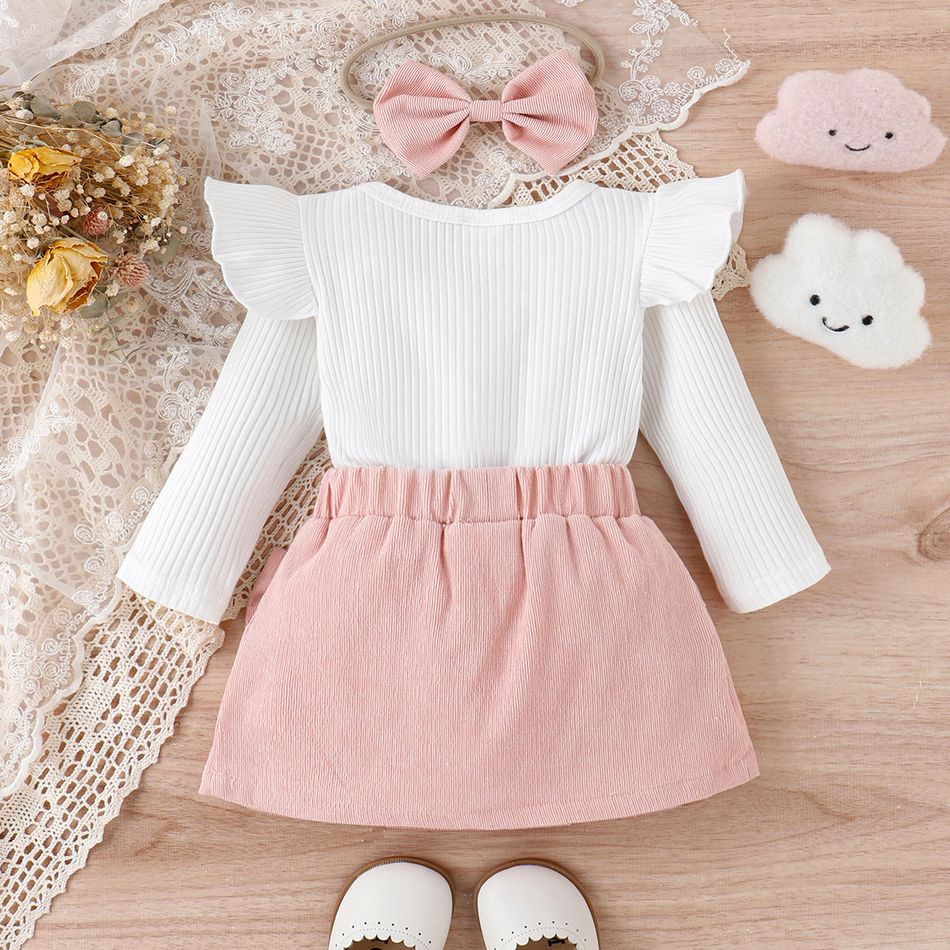 3pcs Baby Girl 95% Cotton Ribbed Ruffle Long-sleeve Top and Bow Front Skirt & Headband Set Pink big image 2