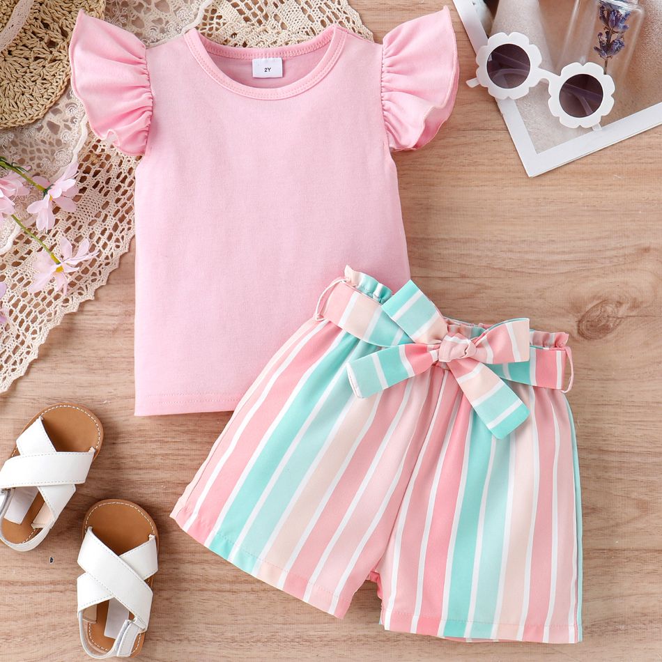2pcs Toddler Girl Sweet Flutter-sleeve Tee and Stripe Belted Shorts Set Pink big image 4