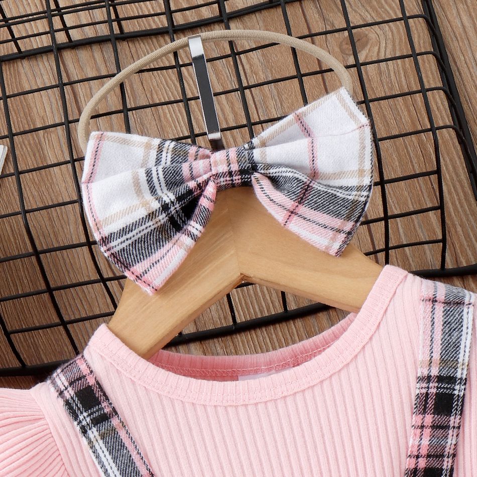 2pcs Baby Girl 95% Cotton Ribbed Ruffle Trim Bow Decor Short-sleeve Spliced Plaid Dress & Headband Set Pink big image 3