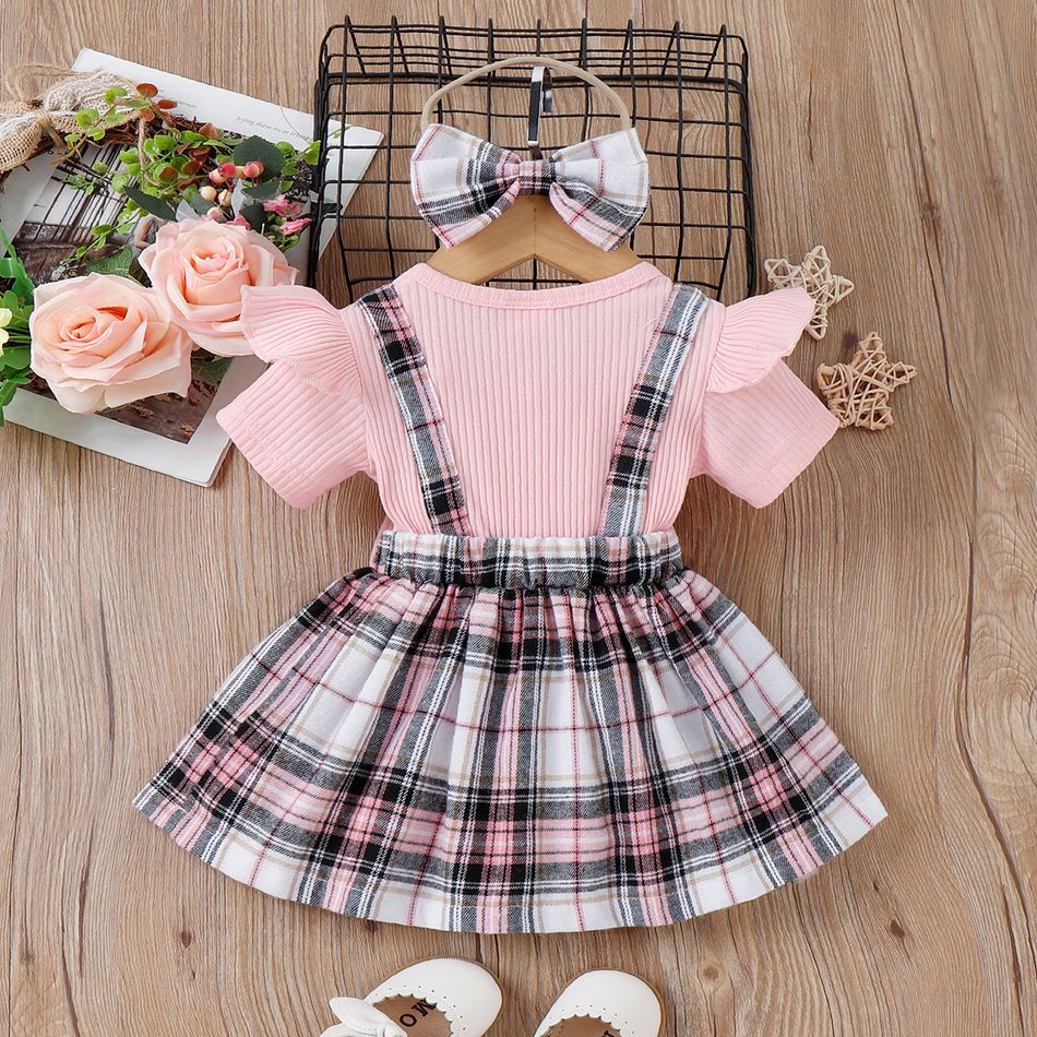 2pcs Baby Girl 95% Cotton Ribbed Ruffle Trim Bow Decor Short-sleeve Spliced Plaid Dress & Headband Set Pink big image 2