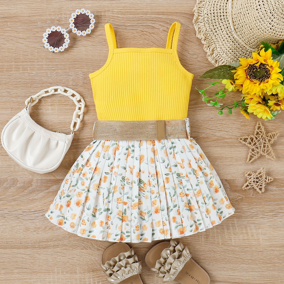 3pcs Toddler Girl Sweet Ribbed Crop Camisole and Floral Print Pleated Skirt & Belt Set Yellow big image 6