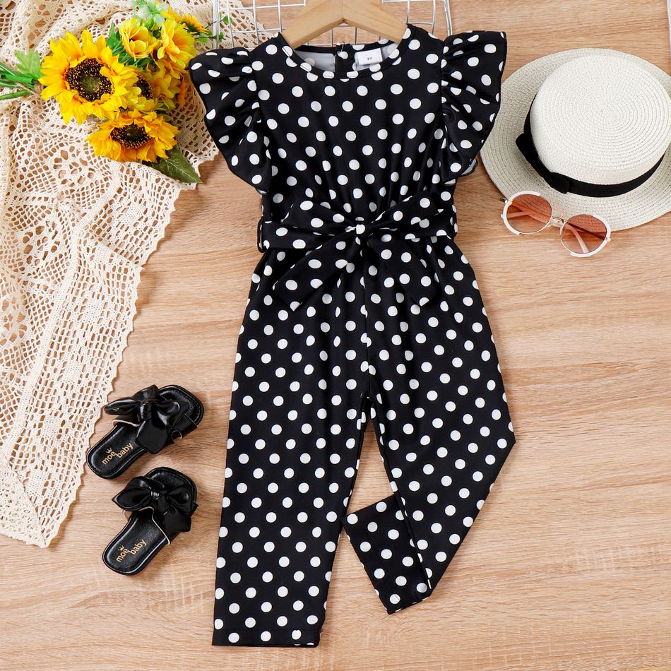 2pcs Toddler Girl Trendy Polka dots Flutter-sleeve Jumpsuits & Belt Black big image 3