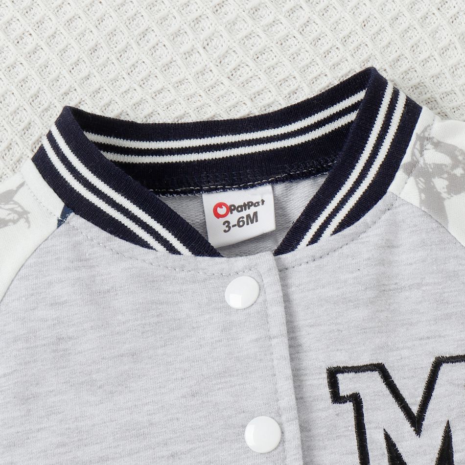 Baby Boy/Girl Letter Embroidered Dinosaur Print Raglan Sleeve Jacket Lightgrey big image 3