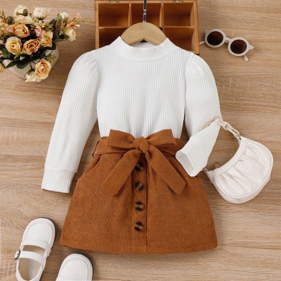 3pcs Toddler Girl Trendy Ribbed Puff-sleeve Tee and Corduroy Skirt & Belt Set White