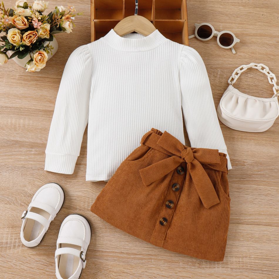 3pcs Toddler Girl Trendy Ribbed Puff-sleeve Tee and Corduroy Skirt & Belt Set White big image 2
