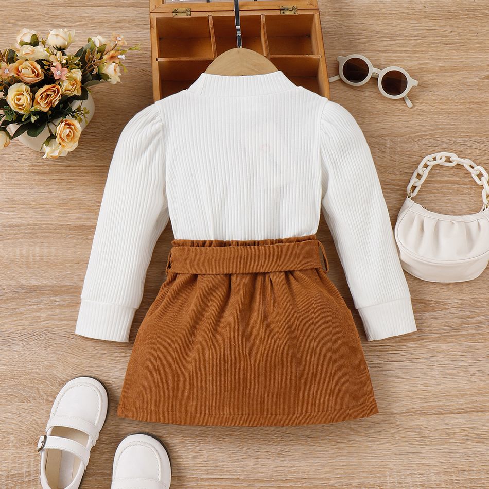 3pcs Toddler Girl Trendy Ribbed Puff-sleeve Tee and Corduroy Skirt & Belt Set White big image 3