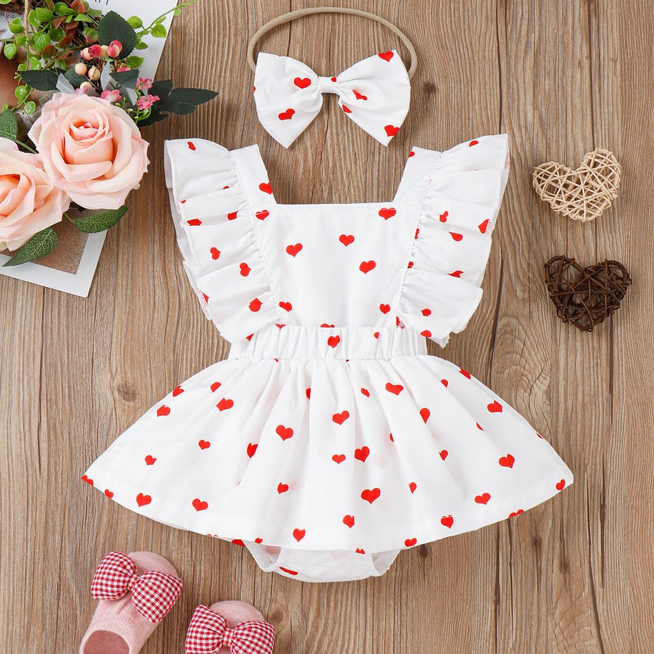 2pcs Baby Girl Allover Heart Print Ruffled Sleeveless Romper & Headband Set White big image 1