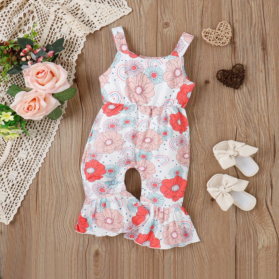 Baby Girl Allover Floral Print Sleeveless Bell Bottom Jumpsuit Pink big image 1