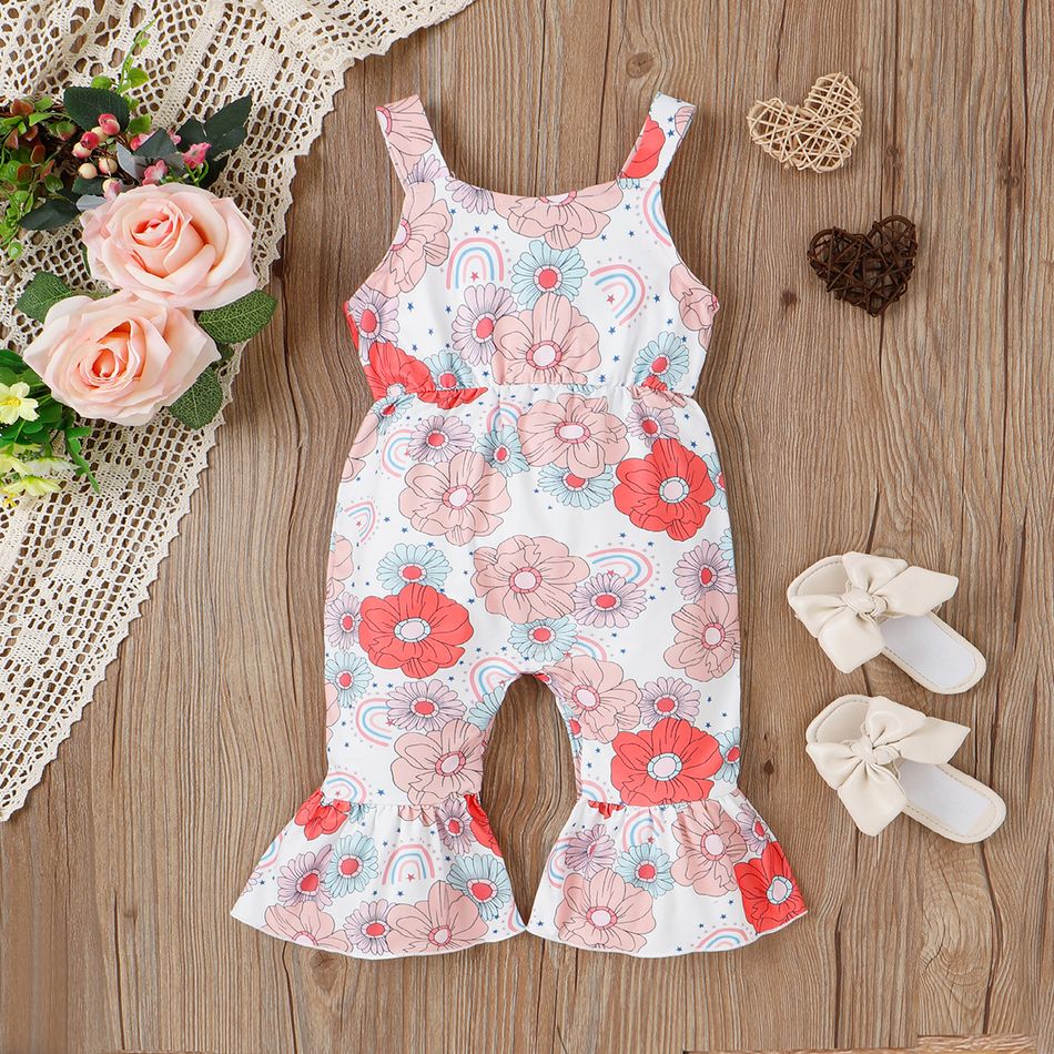 Baby Girl Allover Floral Print Sleeveless Bell Bottom Jumpsuit Pink big image 2