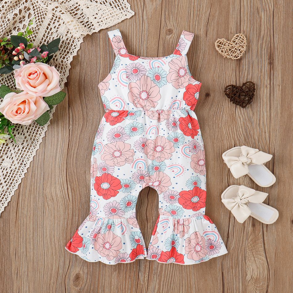 Baby Girl Allover Floral Print Sleeveless Bell Bottom Jumpsuit Pink