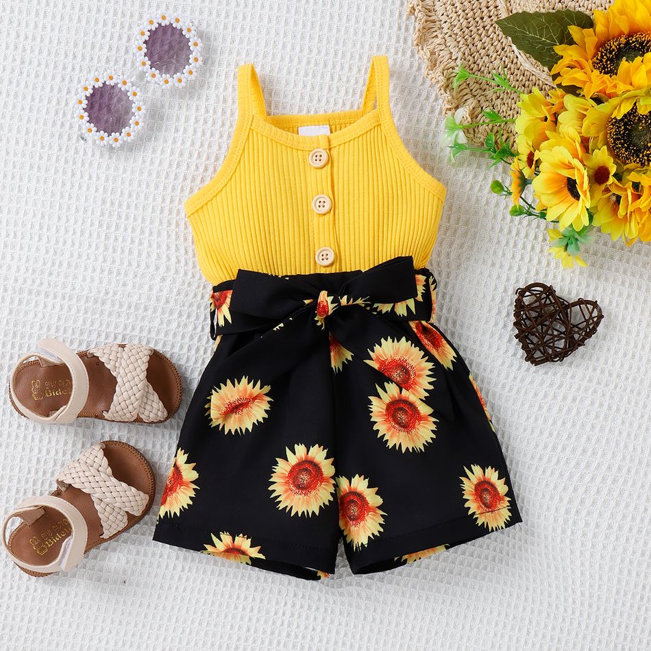 Baby Girl Sunflower Print & Ribbed Spliced Spaghetti Strap Romper Shorts Yellow