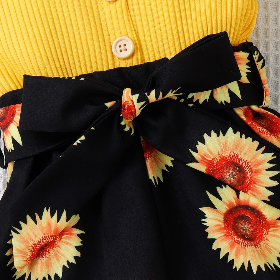 Baby Girl Sunflower Print & Ribbed Spliced Spaghetti Strap Romper Shorts Yellow big image 5