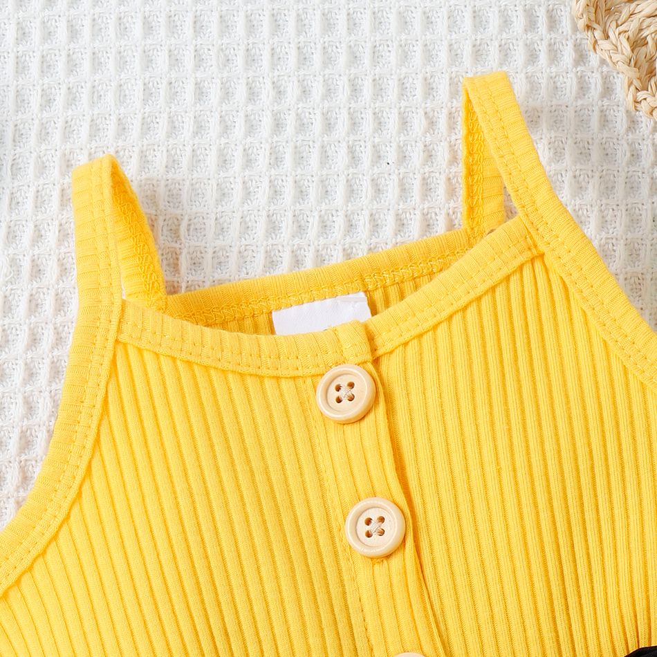 Baby Girl Sunflower Print & Ribbed Spliced Spaghetti Strap Romper Shorts Yellow big image 3