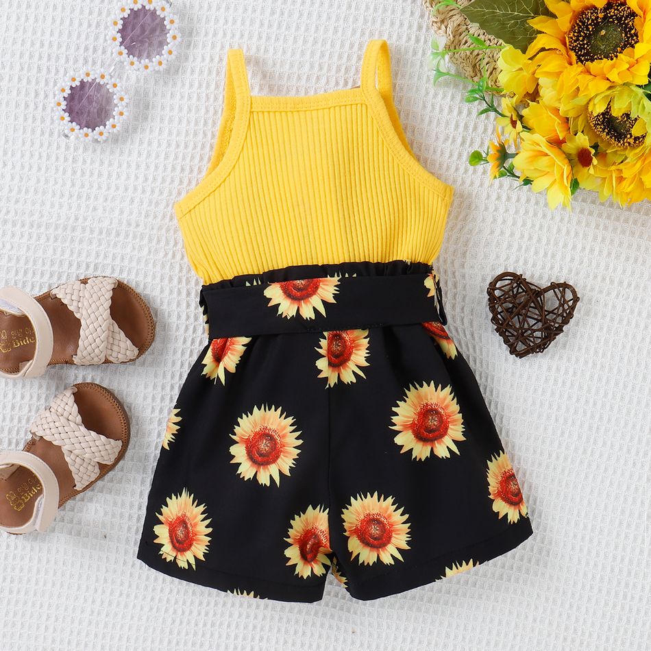 Baby Girl Sunflower Print & Ribbed Spliced Spaghetti Strap Romper Shorts Yellow big image 2