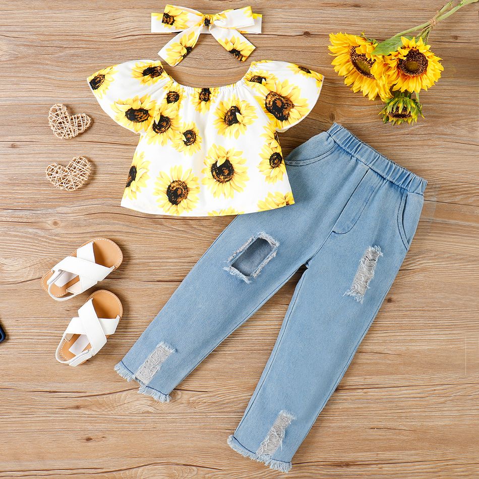 2pcs Toddler Girl Trendy Ripped Denim Jeans and Floral Print Tee Set Yellow big image 2