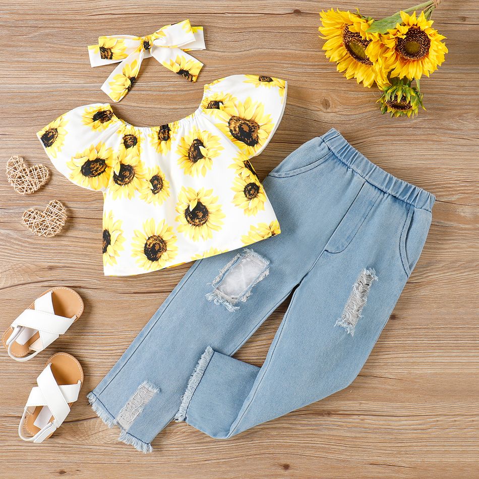 2pcs Toddler Girl Trendy Ripped Denim Jeans and Floral Print Tee Set Yellow
