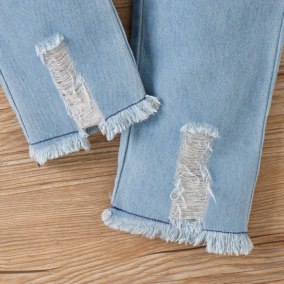 2pcs Toddler Girl Trendy Ripped Denim Jeans and Floral Print Tee Set Yellow big image 5