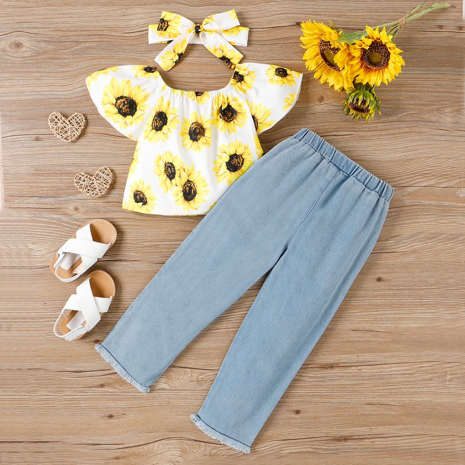 2pcs Toddler Girl Trendy Ripped Denim Jeans and Floral Print Tee Set Yellow big image 6