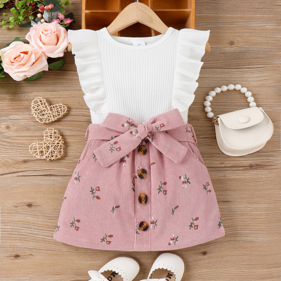 2pcs Toddler Girl Sweet Ruffled Sleeveless Tee and Floral Print Corduroy Skirt Set Pink big image 1