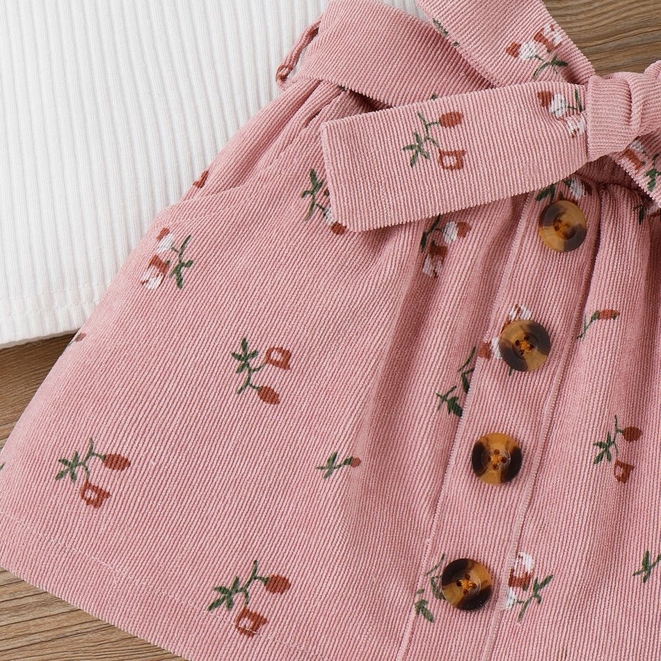 2pcs Toddler Girl Sweet Ruffled Sleeveless Tee and Floral Print Corduroy Skirt Set Pink big image 4