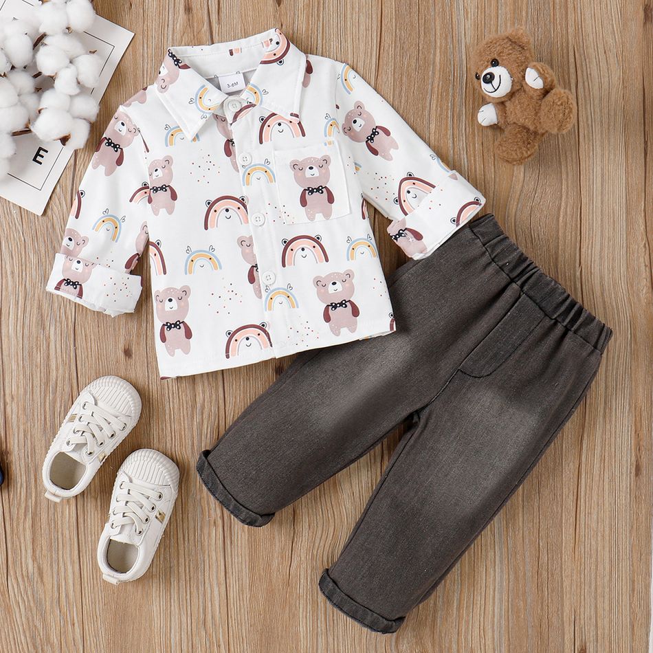 2pcs Baby Boy Allover Bear Print Long-sleeve Shirt & Jeans Set White big image 3