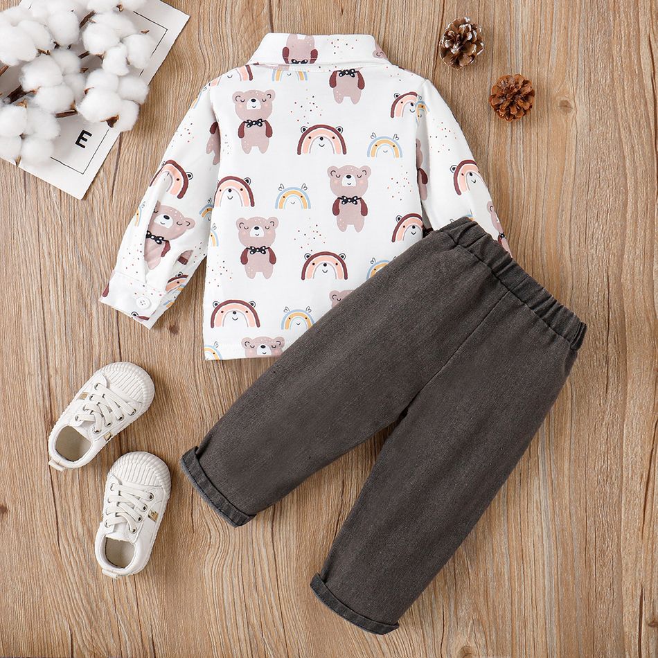 2pcs Baby Boy Allover Bear Print Long-sleeve Shirt & Jeans Set White big image 2