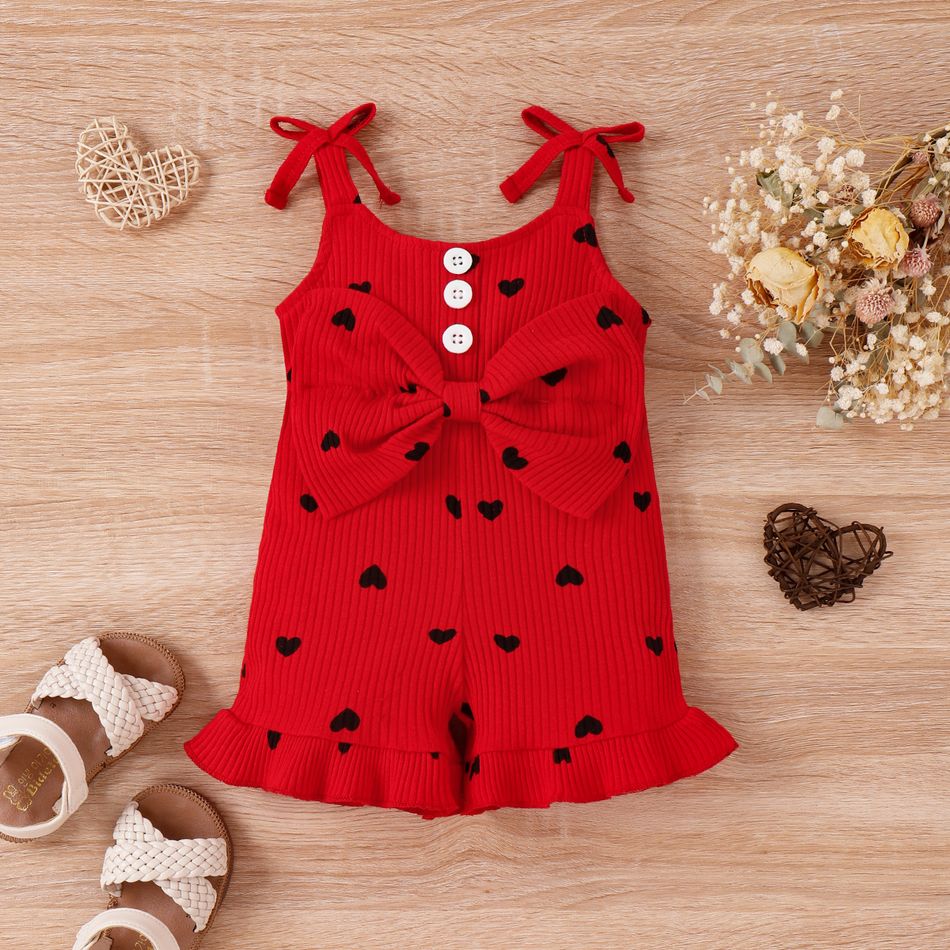 Baby Girl Cotton Ribbed Allover Heart Print Bow Front Ruffle Trim Cami Romper Red