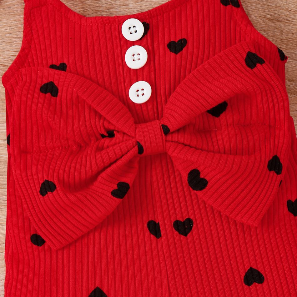 Baby Girl Cotton Ribbed Allover Heart Print Bow Front Ruffle Trim Cami Romper Red big image 3