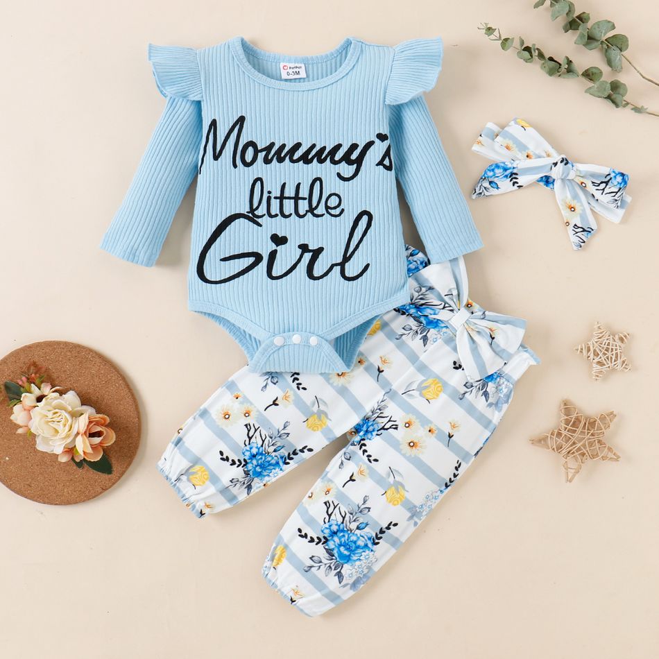 3pcs Baby Girl 95% Cotton Ribbed Ruffle Long-sleeve Letter Graphic Romper and Floral Print Striped Bow Front Pants & Headband Set Blue big image 2
