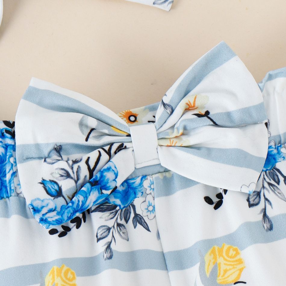 3pcs Baby Girl 95% Cotton Ribbed Ruffle Long-sleeve Letter Graphic Romper and Floral Print Striped Bow Front Pants & Headband Set Blue big image 4