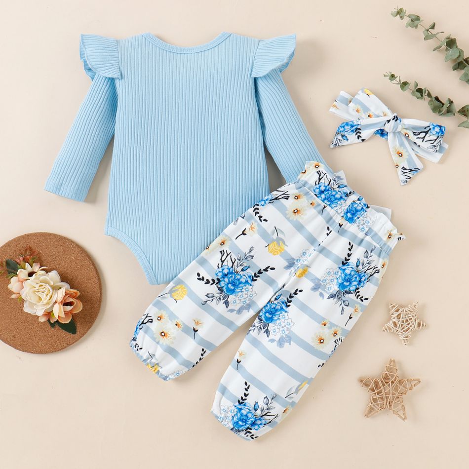 3pcs Baby Girl 95% Cotton Ribbed Ruffle Long-sleeve Letter Graphic Romper and Floral Print Striped Bow Front Pants & Headband Set Blue