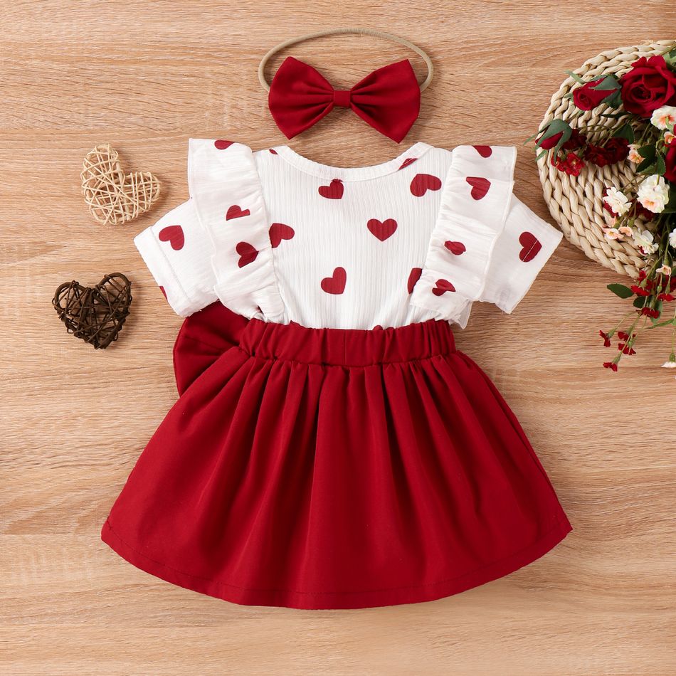 2pcs Baby Girl Heart Print Ruffled Short-sleeve Faux-two Bow Front Dress & Headband Set WineRed big image 2