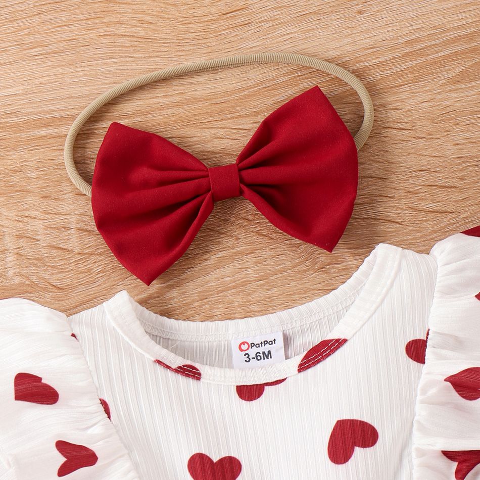 2pcs Baby Girl Heart Print Ruffled Short-sleeve Faux-two Bow Front Dress & Headband Set WineRed big image 3
