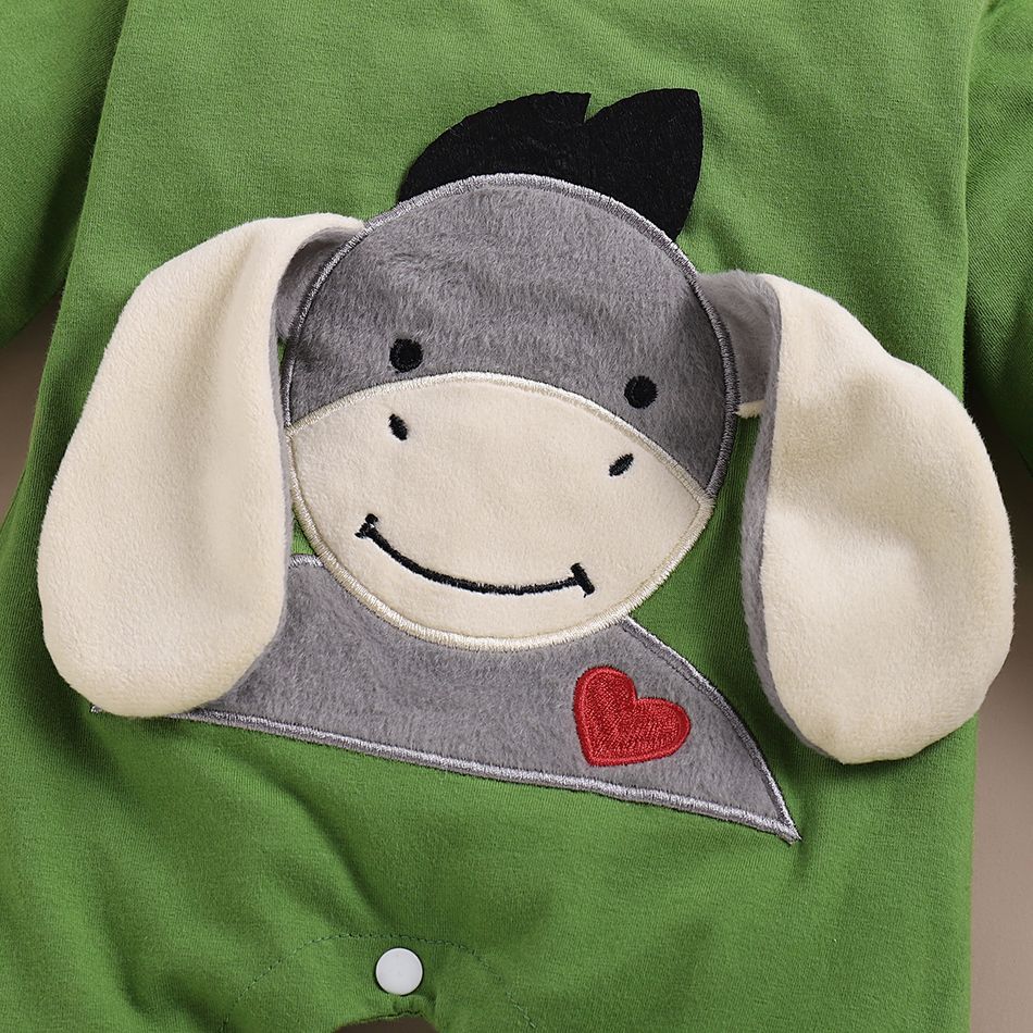 Donkey Embroidery 3D Ear Design Long-sleeve Green Baby Jumpsuit Green big image 5