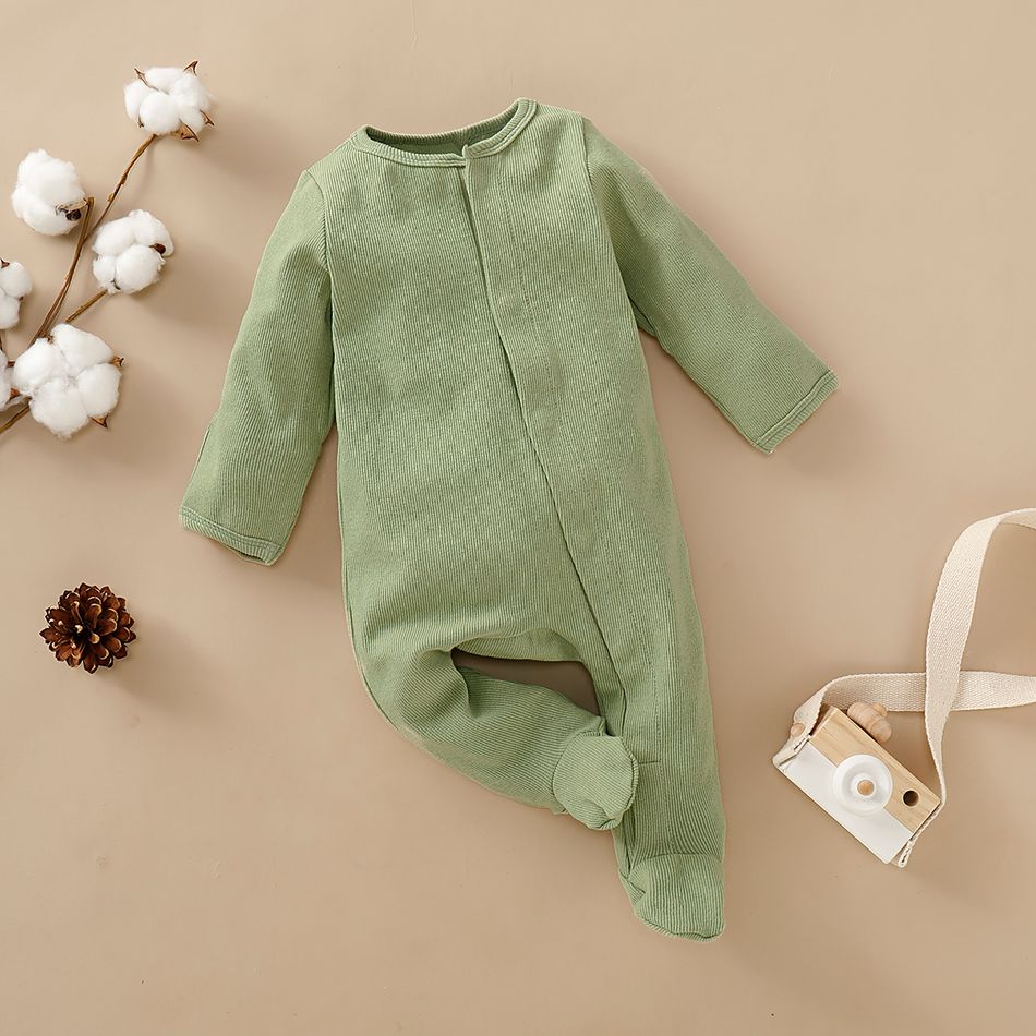 Baby Boy/Girl 95% Cotton Ribbed Long-sleeve Footed Snap Jumpsuit Light Green