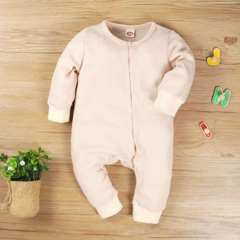 Solid Splice Waffle Long-sleeve Baby Jumpsuit Apricot