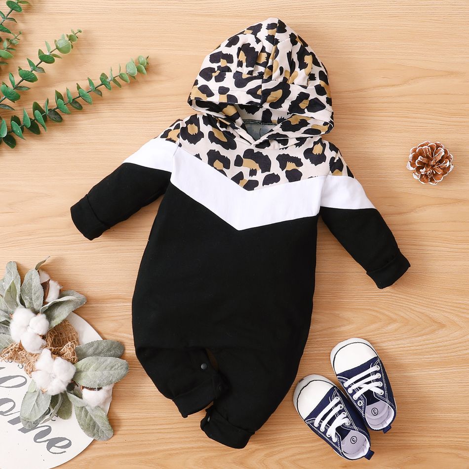 Leopard Color Block Hooded Long-sleeve Baby Jumpsuits Black/White