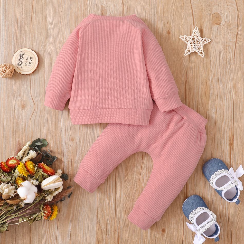 Baby 2pcs Solid Waffle Long-sleeve Sweatshirt and Trouser Set Light Pink big image 3