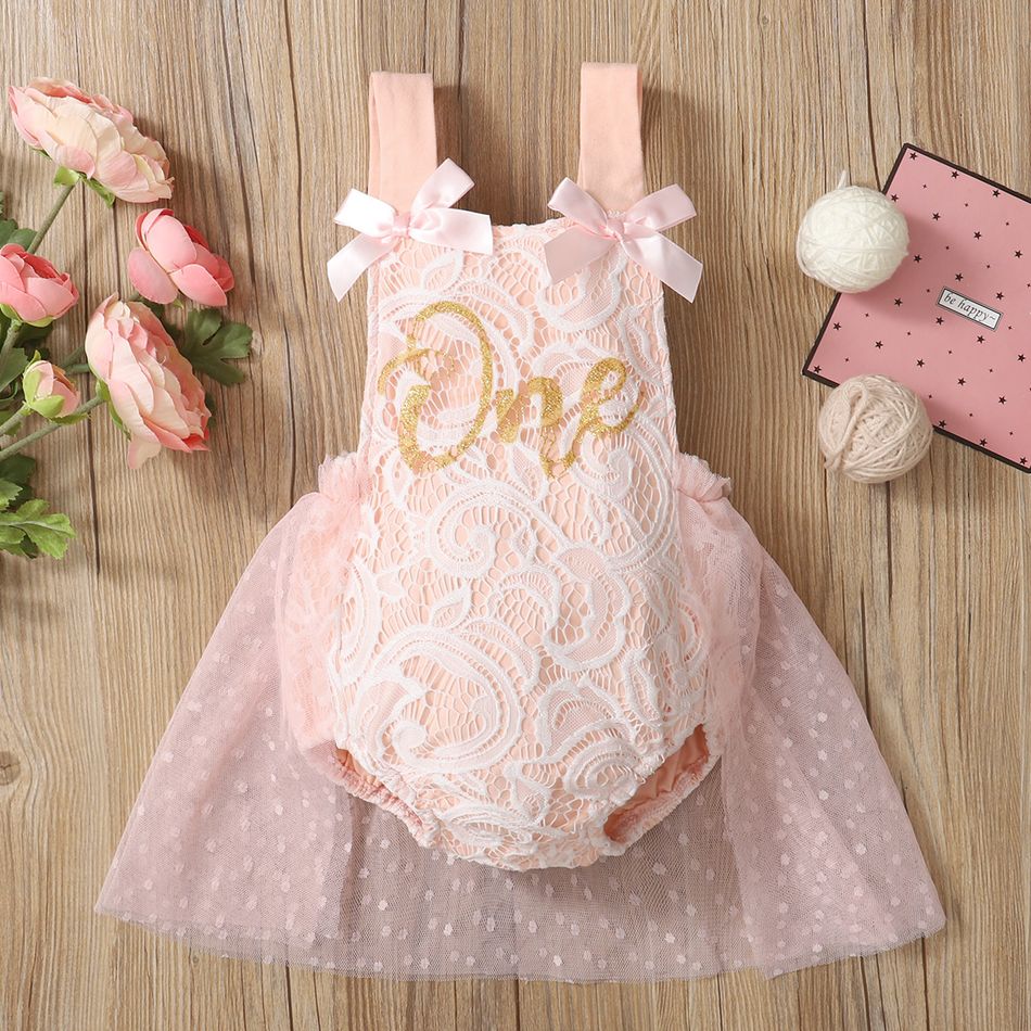 Baby Pink Floral Lace and Mesh Splicing Sleeveless Letter Romper Party Dress Pink big image 1