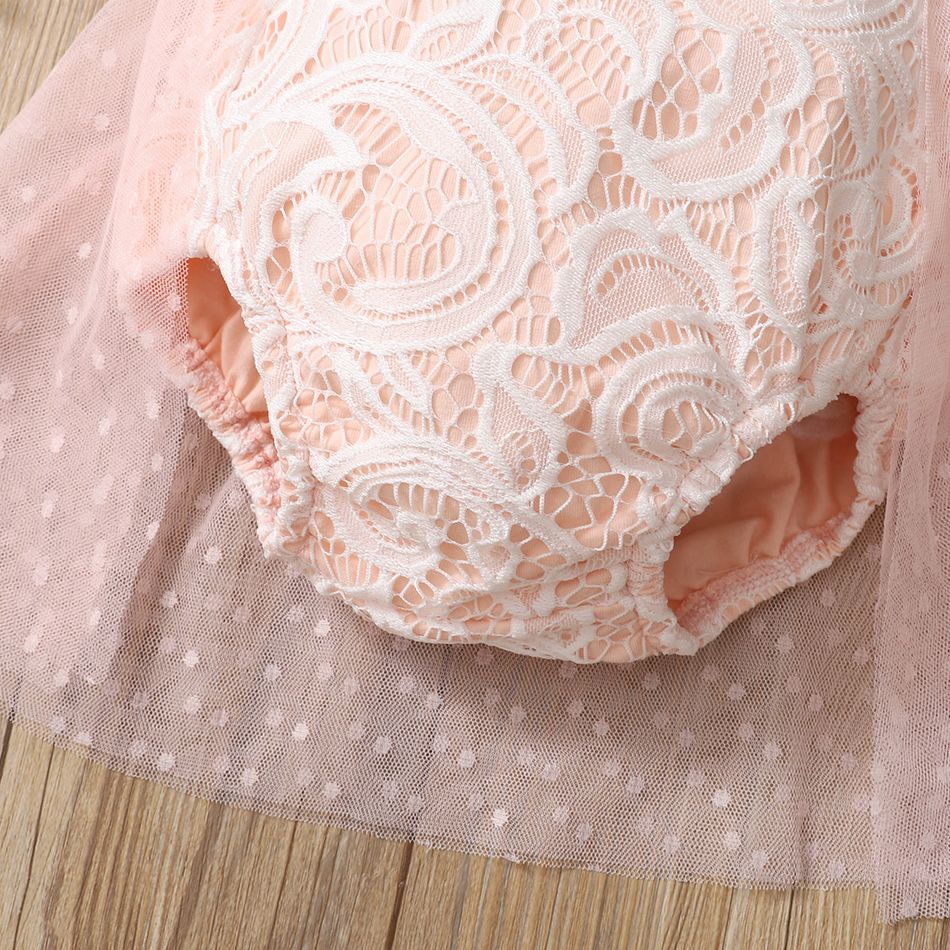 Baby Pink Floral Lace and Mesh Splicing Sleeveless Letter Romper Party Dress Pink