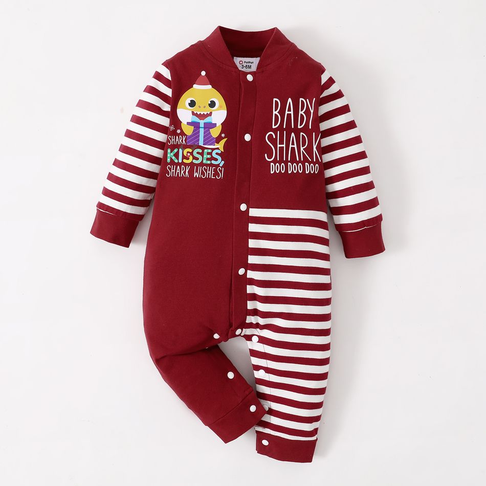 Baby Shark Baby Boy/Girl Stripe Cotton Christmas Jumpsuit Red big image 2