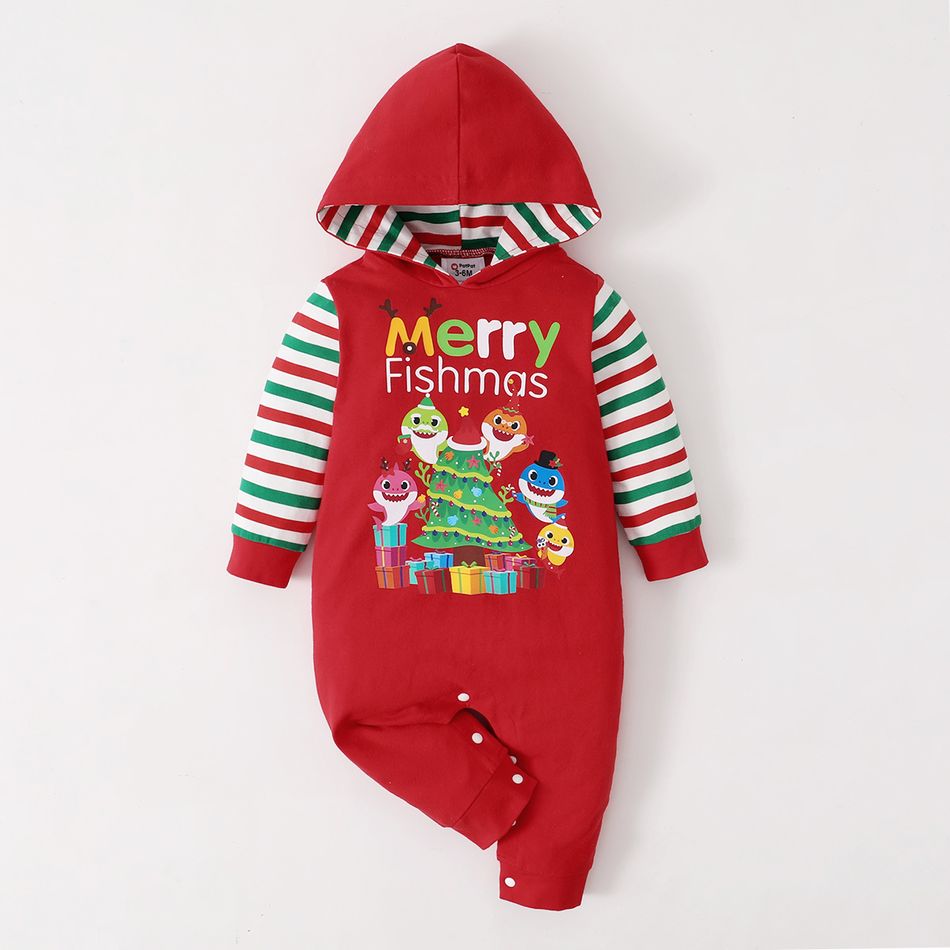 Baby Shark Baby Boy/Girl Stripe and Tree Christmas Jumpsuit Red big image 2