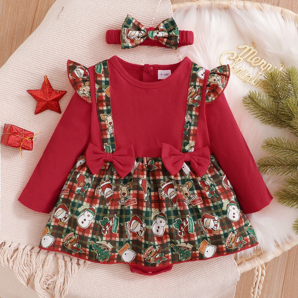 Christmas 2pcs Baby Plaid Splicing Santa and Snowman Print Red Long-sleeve Romper Dress Set Red big image 7