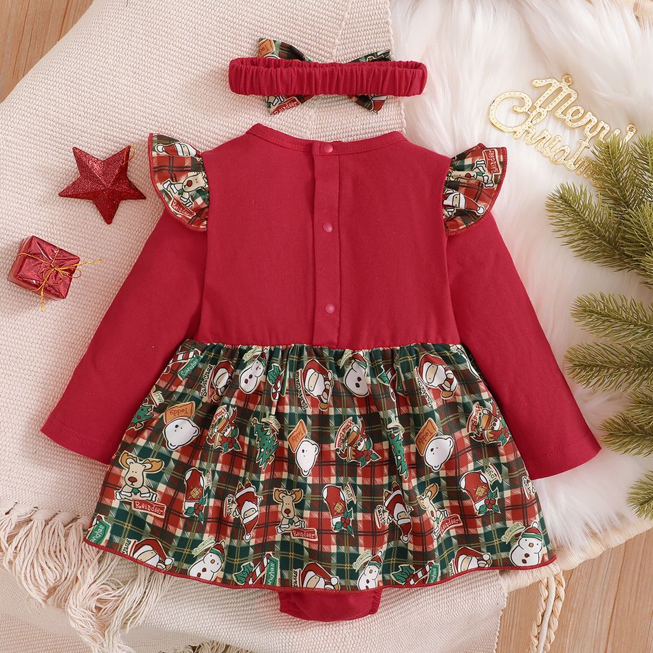 Christmas 2pcs Baby Plaid Splicing Santa and Snowman Print Red Long-sleeve Romper Dress Set Red big image 8