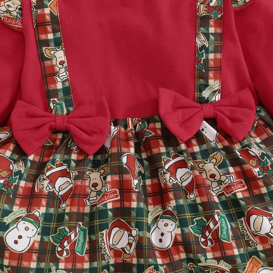 Christmas 2pcs Baby Plaid Splicing Santa and Snowman Print Red Long-sleeve Romper Dress Set Red big image 3