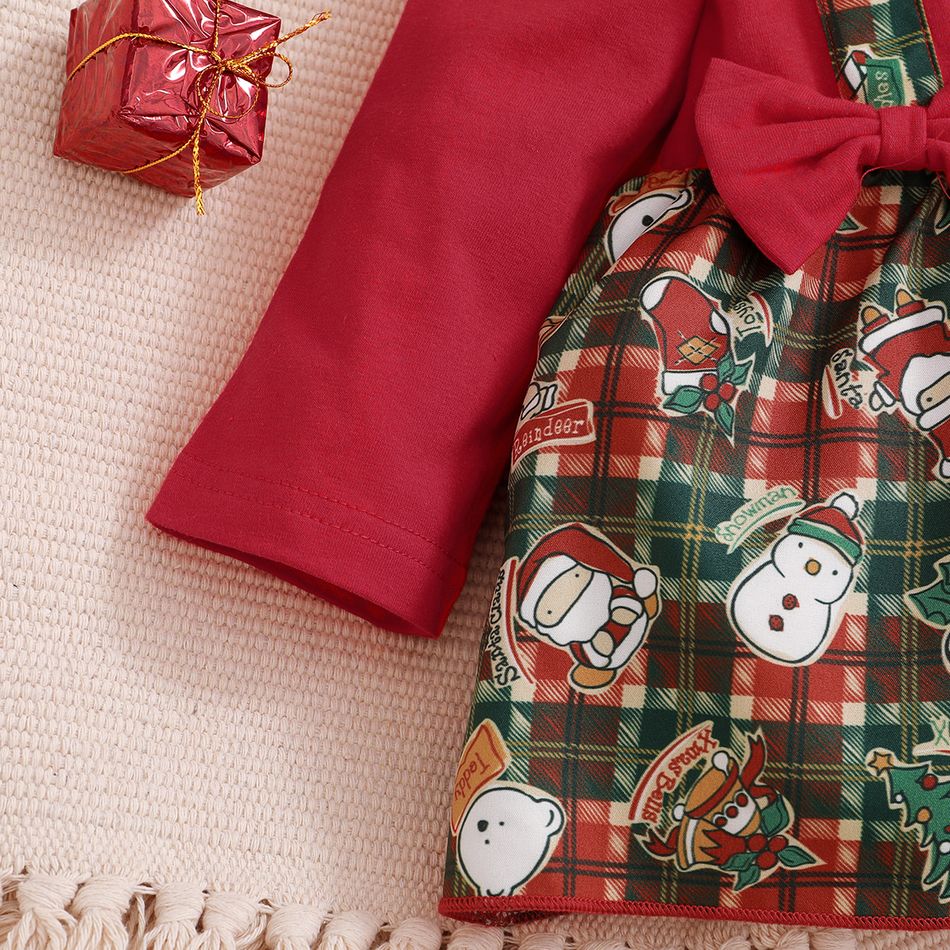Christmas 2pcs Baby Plaid Splicing Santa and Snowman Print Red Long-sleeve Romper Dress Set Red big image 4