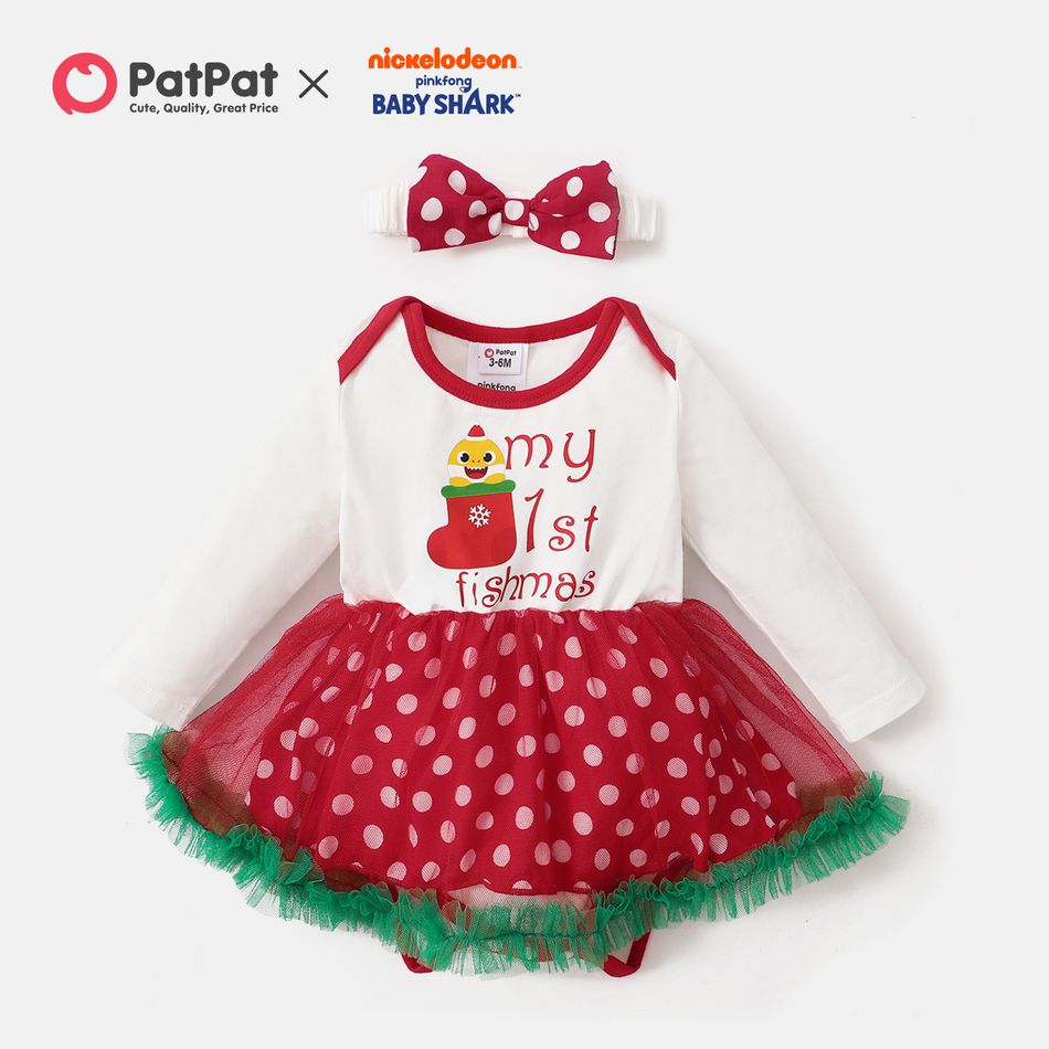 Baby Shark 2-piece Baby Girl 1st Christmas Polka Dots Bodysuit Tutu Dress with Headband Red/White