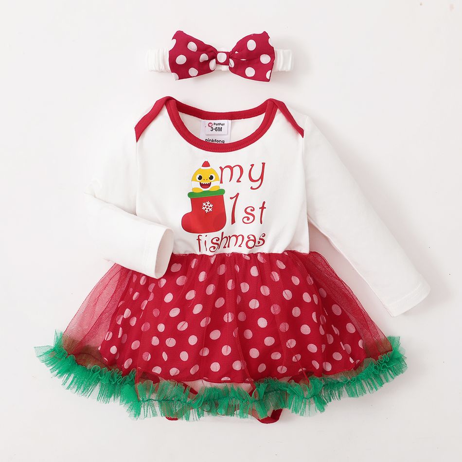 Baby Shark 2-piece Baby Girl 1st Christmas Polka Dots Bodysuit Tutu Dress with Headband Red/White big image 2